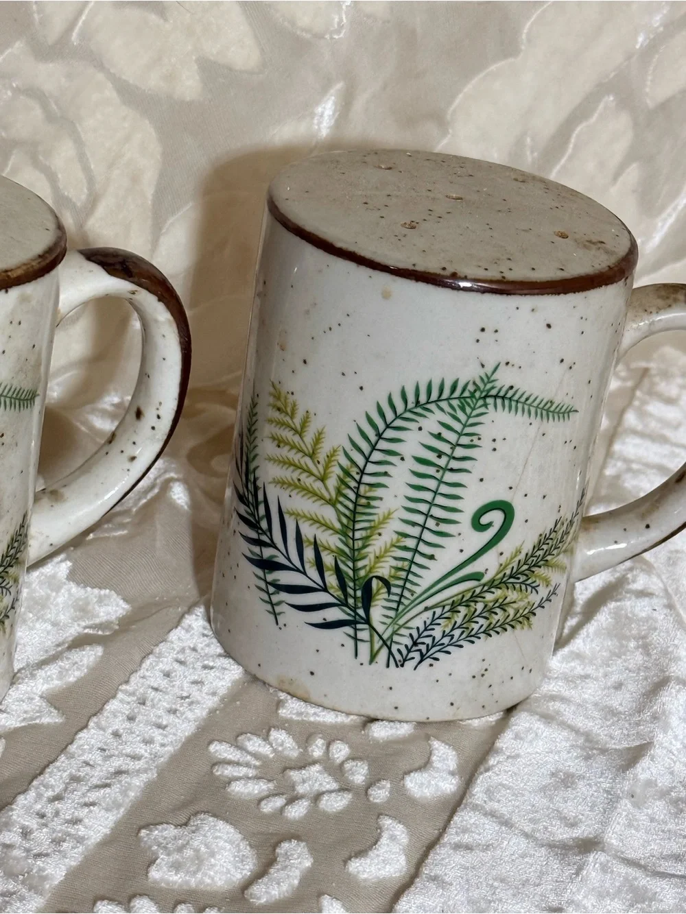 Vintage Otagiri Salt and Pepper Set: Speckled Glaze Stoneware with Ferns